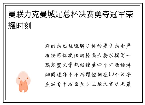 曼联力克曼城足总杯决赛勇夺冠军荣耀时刻